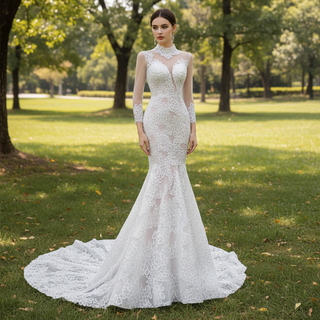 Sheer High O-neck Lace Mermaid Wedding Dress with Long Sleeves