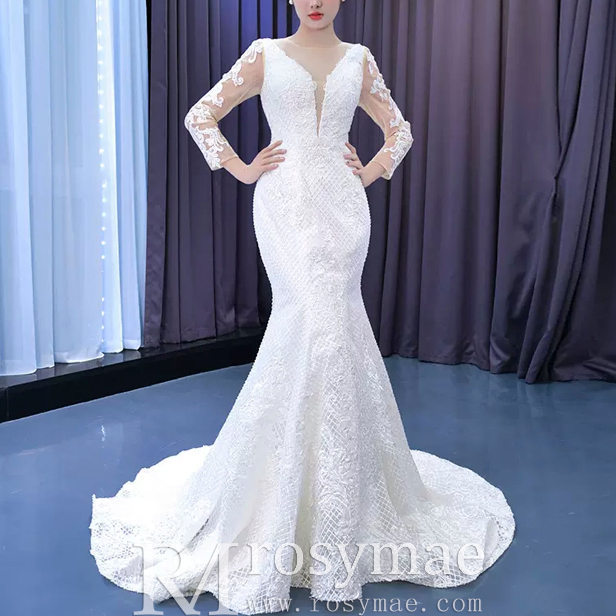 Long Sleeve Trumpet Embroidery Lace Wedding Dress White / 0 Long Sleeve Trumpet Embroidery Lace Wedding Dress White / 0