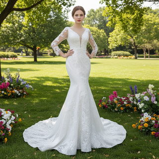 Long Sleeve Trumpet Embroidery Lace Wedding Dress