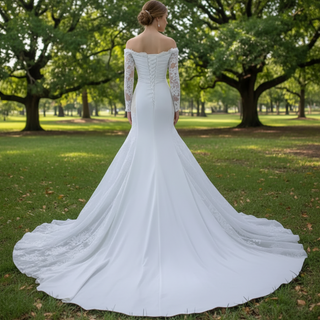 High-end Satin Lace Wedding Dress with Off the Shoulder Long Sleeve