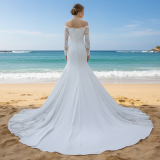 High-end Satin Lace Wedding Dress with Off the Shoulder Long Sleeve