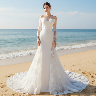 High-end Satin Lace Wedding Dress with Off the Shoulder Long Sleeve