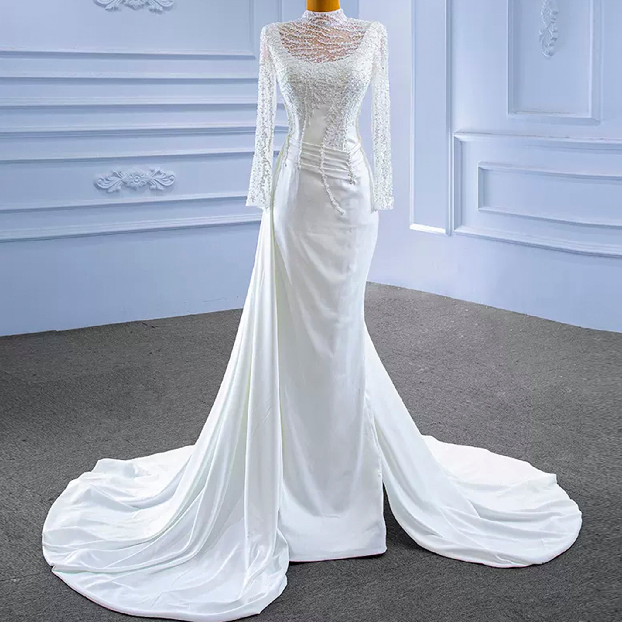 High Neck Sparkly Satin Muslim Wedding Dress Long Sleeve Rosymae High Neck Sparkly Satin Muslim Wedding Dress Long Sleeve Rosymae