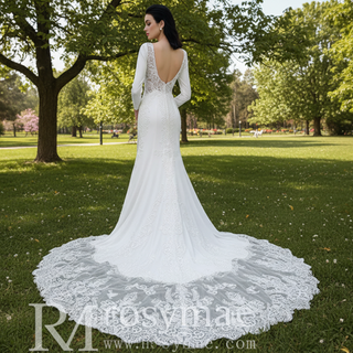 Long Sleeve Lace Appliqued Satin Modern Wedding Dress Open Back