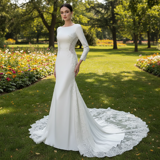 Long Sleeve Lace Appliqued Satin Modern Wedding Dress Open Back