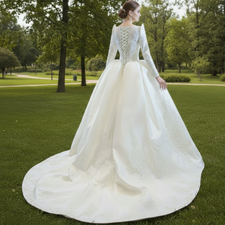 Overskirt Lace Appliqued Satin Wedding Dress with Long Sleeves