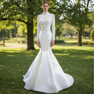 Long Sleeve O-Neck Mermaid Wedding Dress with Detachable Skirt