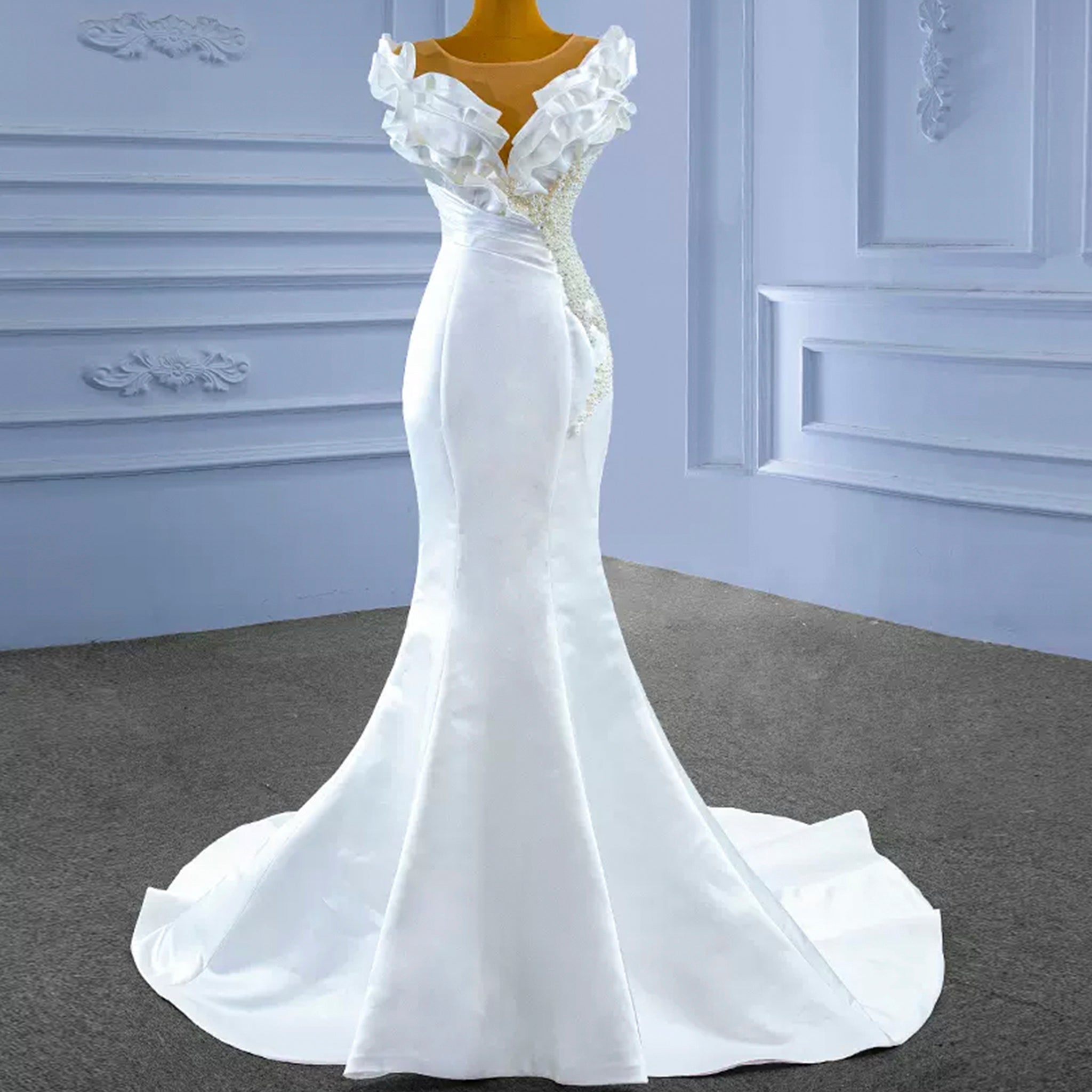 satin boat neck wedding dress Classic Mermaid Satin Sheer Boat Neck Wedding Dress with Corset Back White / 30W