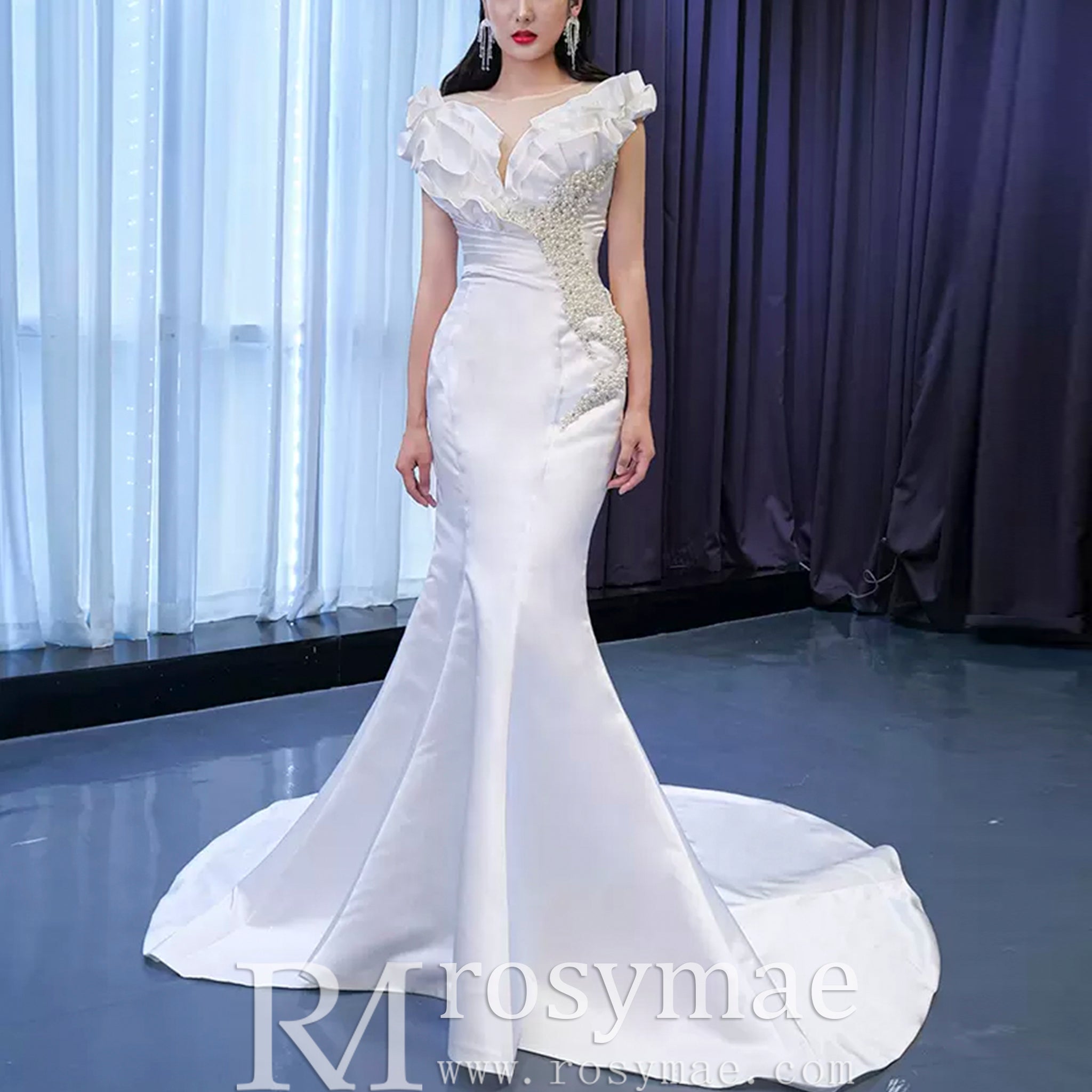 Classic Mermaid Satin Sheer Boat Neck Wedding Dress with Corset Back – Rosymae Classic Mermaid Satin Sheer Boat Neck Wedding Dress with Corset Back – Rosymae