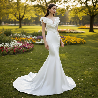 Classic Mermaid Satin Sheer Boat Neck Wedding Dress with Corset Back