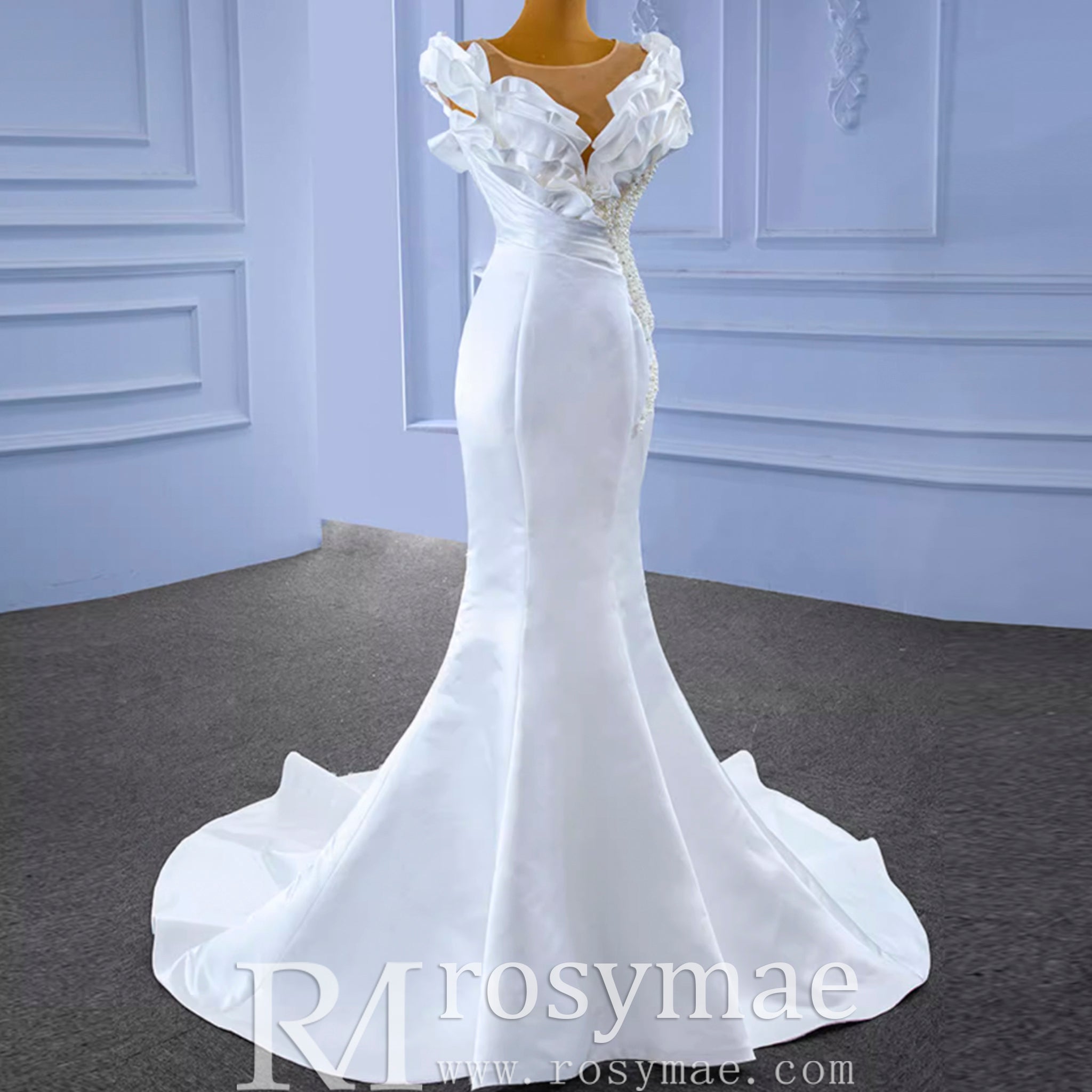 Classic Mermaid Satin Sheer Boat Neck Wedding Dress with Corset Back Rosymae Classic Mermaid Satin Sheer Boat Neck Wedding Dress with Corset Back Rosymae