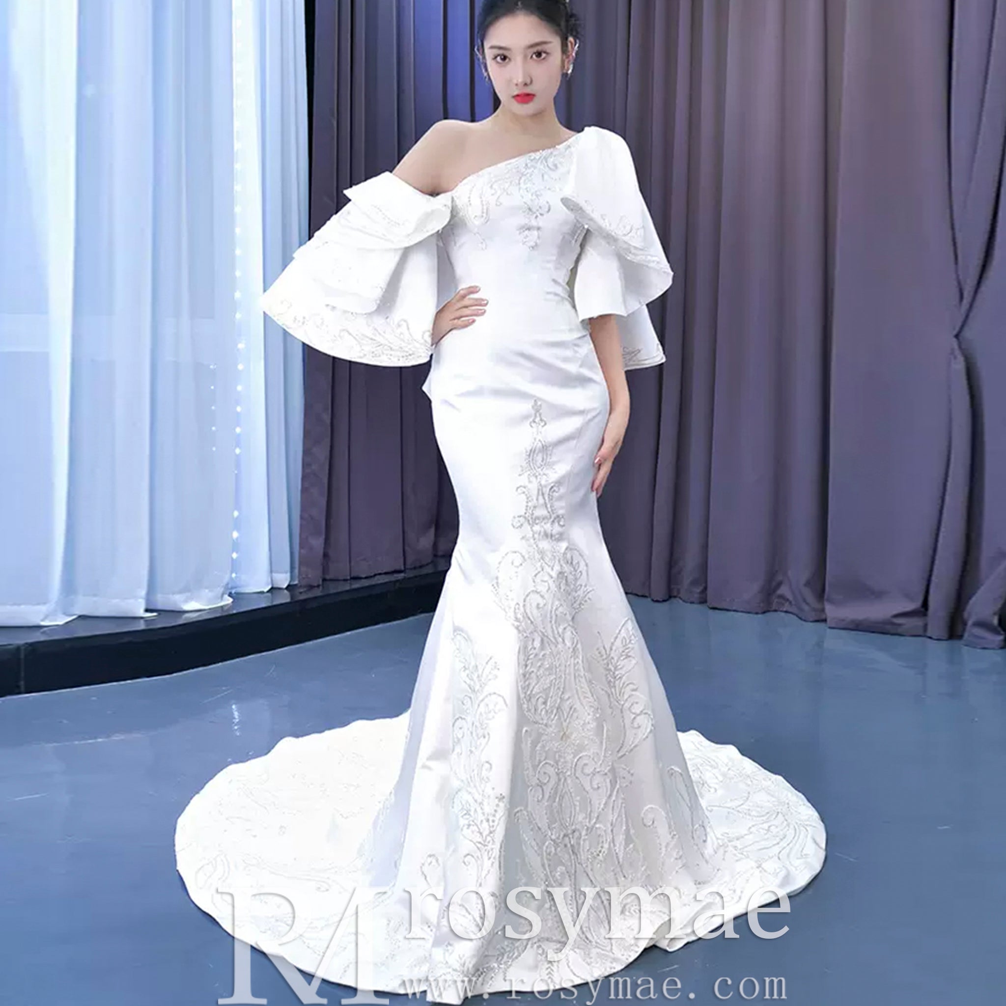 Vintage Satin Mermaid One Shoulder Wedding Dress with Ruffle Sleeves White / 18W Vintage Satin Mermaid One Shoulder Wedding Dress with Ruffle Sleeves White / 18W
