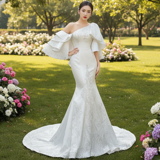 Vintage Satin Mermaid One Shoulder Wedding Dress with Ruffle Sleeves