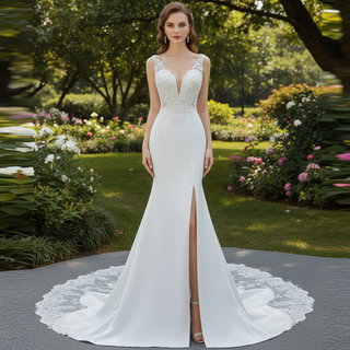 Leaf-Shape Train Mermaid Lace Satin Vneck Wedding Dress with Leg Slit