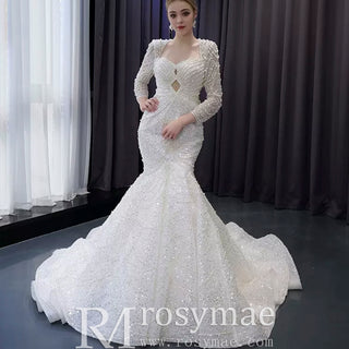 Stylish Queen-ann Neck Wedding Dress For Bride with Long Sleeve