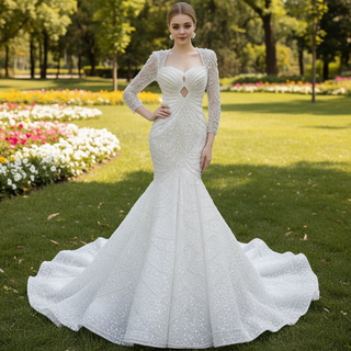 Stylish Queen-ann Neck Wedding Dress For Bride with Long Sleeve