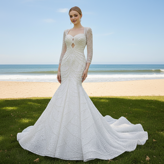 Stylish Queen-ann Neck Wedding Dress For Bride with Long Sleeve