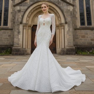 Stylish Queen-ann Neck Wedding Dress For Bride with Long Sleeve