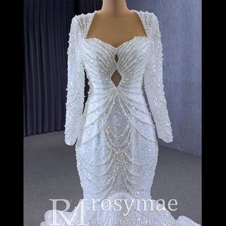 Stylish Queen-ann Neck Wedding Dress For Bride with Long Sleeve