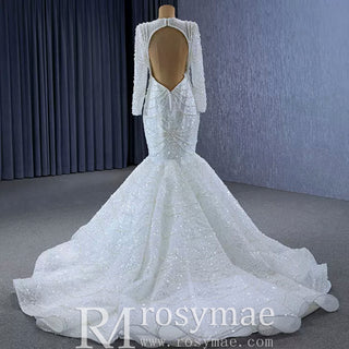 Stylish Queen-ann Neck Wedding Dress For Bride with Long Sleeve