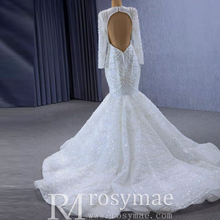 Stylish Queen-ann Neck Wedding Dress For Bride with Long Sleeve