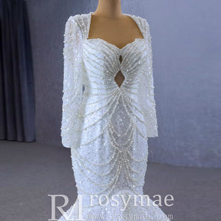 Stylish Queen-ann Neck Wedding Dress For Bride with Long Sleeve