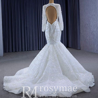 Stylish Queen-ann Neck Wedding Dress For Bride with Long Sleeve