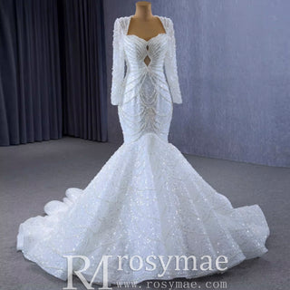 Stylish Queen-ann Neck Wedding Dress For Bride with Long Sleeve