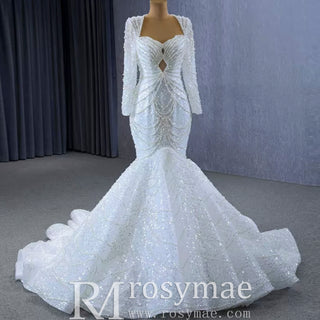 Stylish Queen-ann Neck Wedding Dress For Bride with Long Sleeve