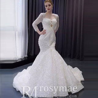 Stylish Queen-ann Neck Wedding Dress For Bride with Long Sleeve