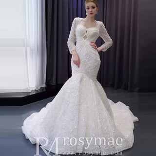 Stylish Queen-ann Neck Wedding Dress For Bride with Long Sleeve