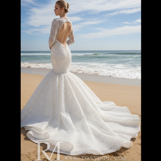 Stylish Queen-ann Neck Wedding Dress For Bride with Long Sleeve