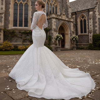 Stylish Queen-ann Neck Wedding Dress For Bride with Long Sleeve