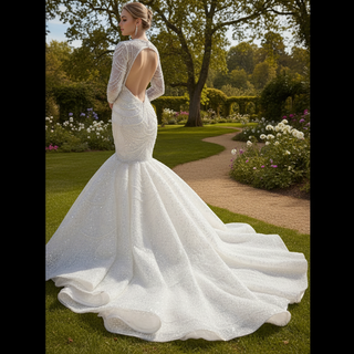 Stylish Queen-ann Neck Wedding Dress For Bride with Long Sleeve