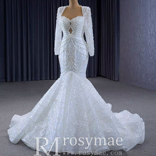 Stylish Queen-ann Neck Wedding Dress For Bride with Long Sleeve
