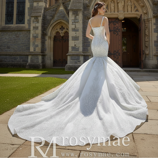 Gorgeous Beaded Lace Wedding Dress Mermaid Spaghetti Strap Bridal Gown