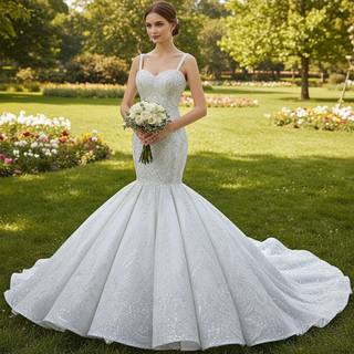 Gorgeous Beaded Lace Wedding Dress Mermaid Spaghetti Strap Bridal Gown