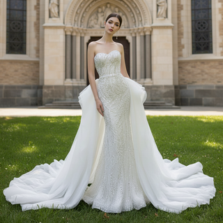 Luxury Beaded Mermaid Wedding Dress with Ruffle Detachable Train
