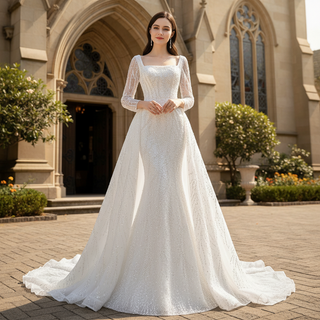 Square Neck Long Sleeve Wedding Dress with Detachable Train