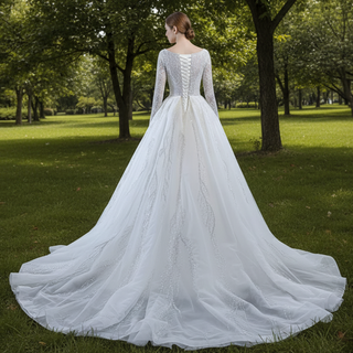 Square Neck Long Sleeve Wedding Dress with Detachable Train