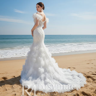 Beaded Mermaid Ruffle Wedding Dresses Spaghetti Strap Wedding Gown White / 6 Beaded Mermaid Ruffle Wedding Dresses Spaghetti Strap Wedding Gown White / 6