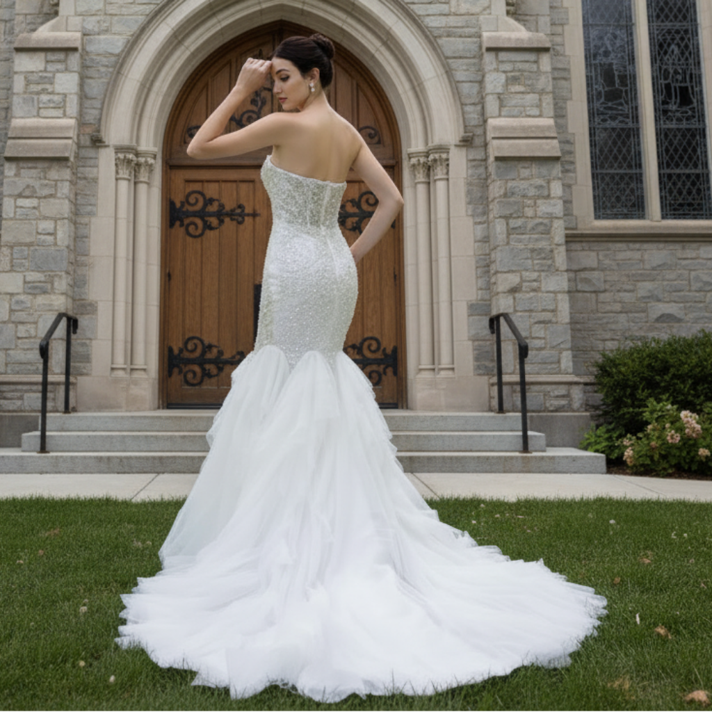 Elegant Fit and Flare Sparkly Wedding Dress with Sweetheart Neck White / 6 Elegant Fit and Flare Sparkly Wedding Dress with Sweetheart Neck White / 6