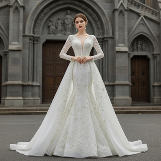 Long Sleeve Mermaid Wedding Dress with Detachable Skirt