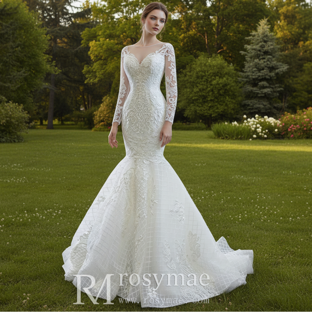 Long Sleeve Lace Mermaid Wedding Dress with Detachable Skirt White / 16W Long Sleeve Lace Mermaid Wedding Dress with Detachable Skirt White / 16W
