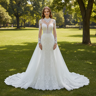 Long Sleeve Bead Pearl  High Neck Wedding Dress with Detachable Skirt
