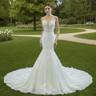 Keyhole Back Cape Wedding Dress Sheer Scoop Mermaid Bridal Gown