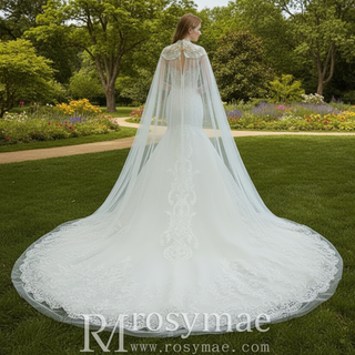 Keyhole Back Cape Wedding Dress Sheer Scoop Mermaid Bridal Gown
