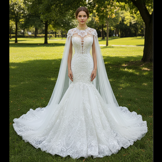 Keyhole Back Cape Wedding Dress Sheer Scoop Mermaid Bridal Gown