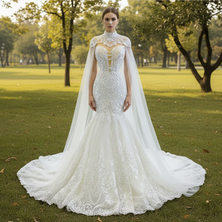 Keyhole Back Cape Wedding Dress Sheer Scoop Mermaid Bridal Gown