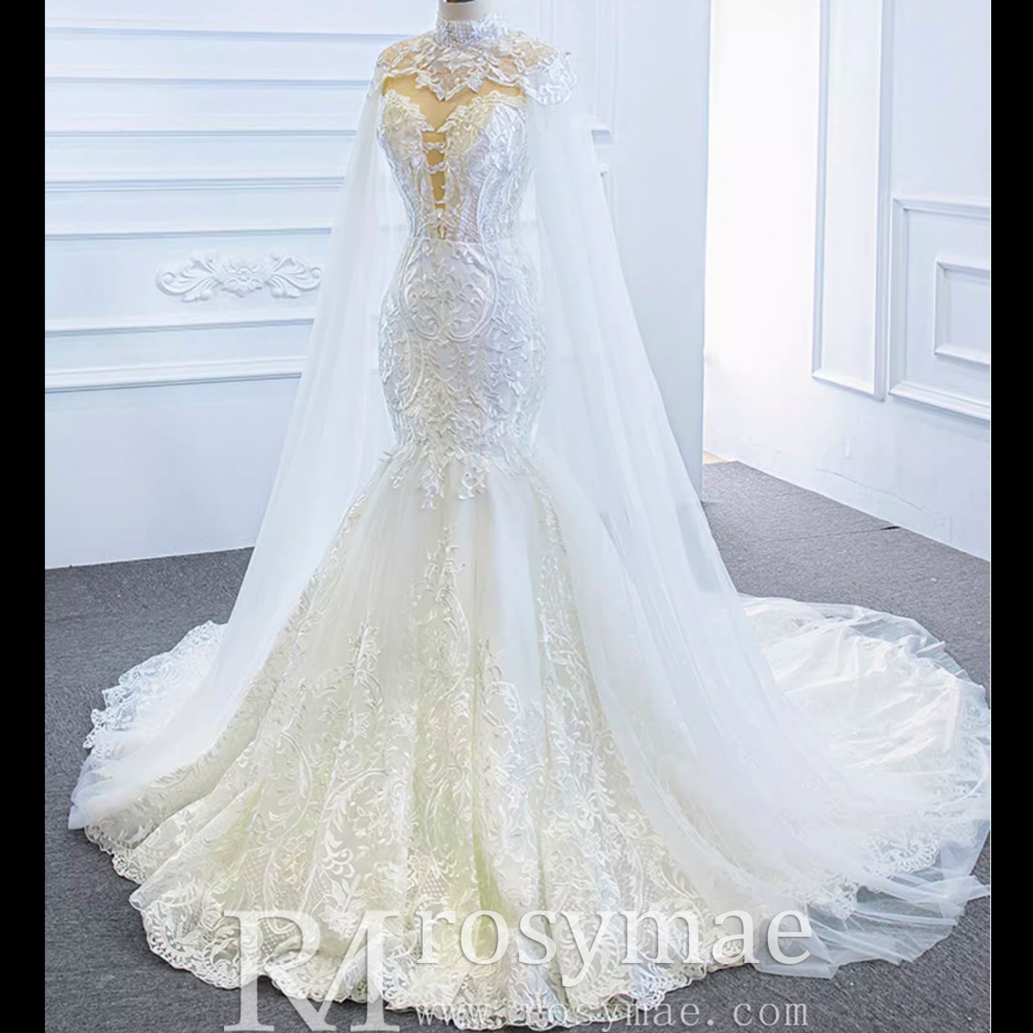 Keyhole Back Cape Wedding Dress Sheer Scoop Mermaid Bridal Gown Grey / 14 Keyhole Back Cape Wedding Dress Sheer Scoop Mermaid Bridal Gown Grey / 14
